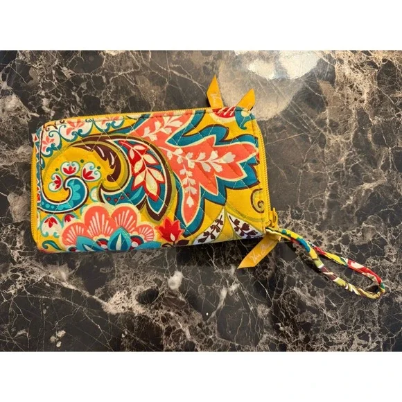 Vera Bradley Zip Up Wallet Yellow Provencal Floral and Paisley Pattern Retired - Picture 2 of 3